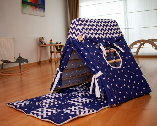 Red Oceanus climbing triangle with tent cover, mat, and ramp for kids, showcasing a colorful indoor play furniture setup.