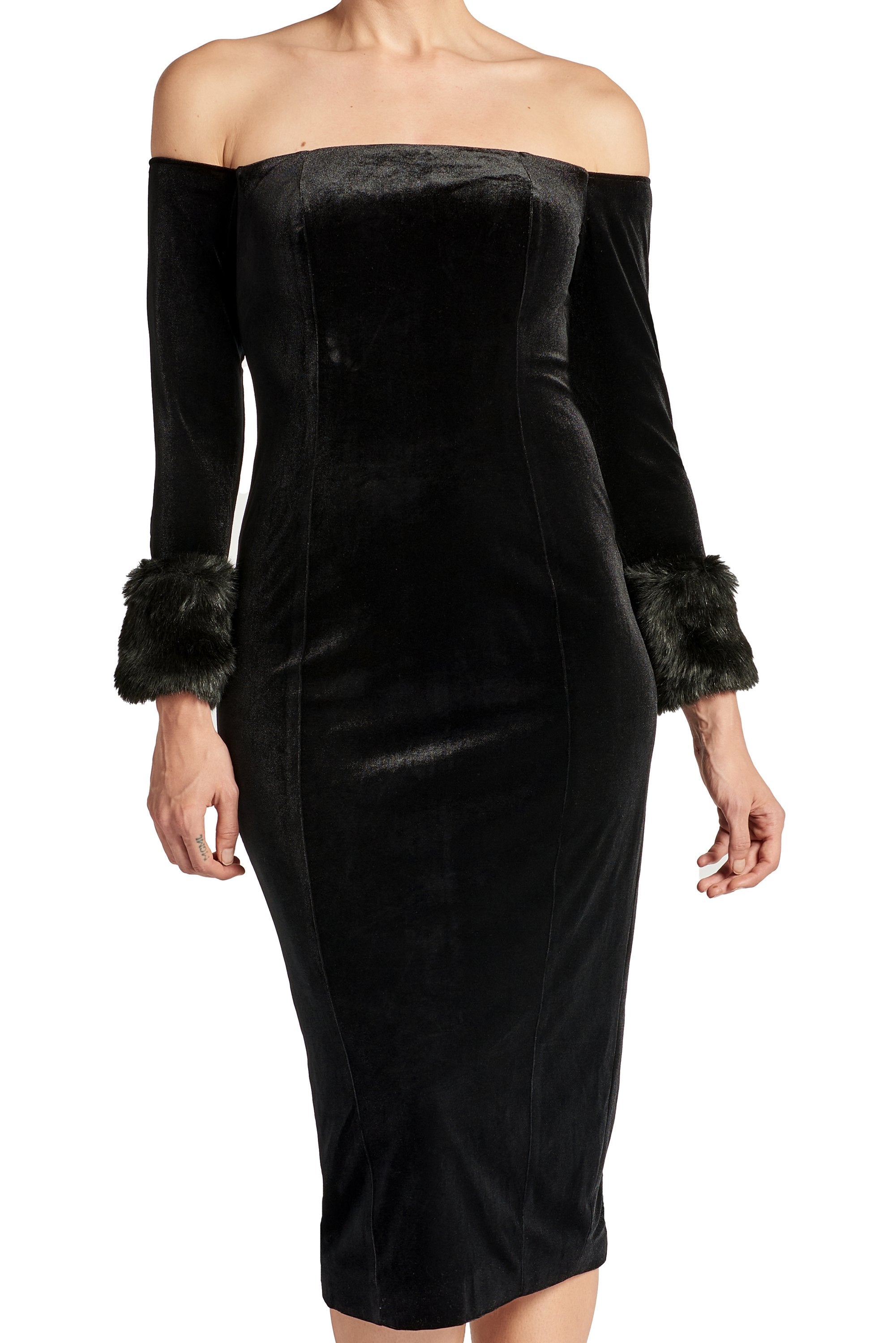 Close-up of Peach Dionysus Joia velvet off-the-shoulder long sleeve dress with faux fur trim, showcasing elegant fabric and design details.