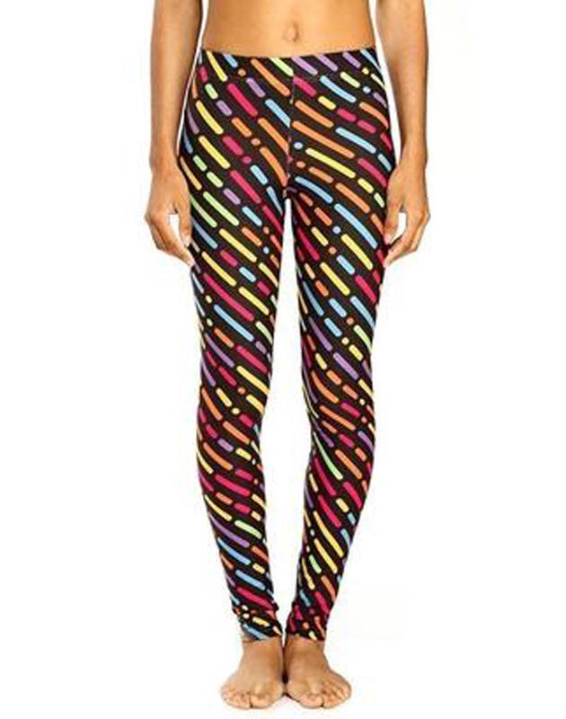 Colorful Rain Leggings by Sky Felix featuring vibrant, multicolored patterns on a stretchy, comfortable T-shirt fabric.