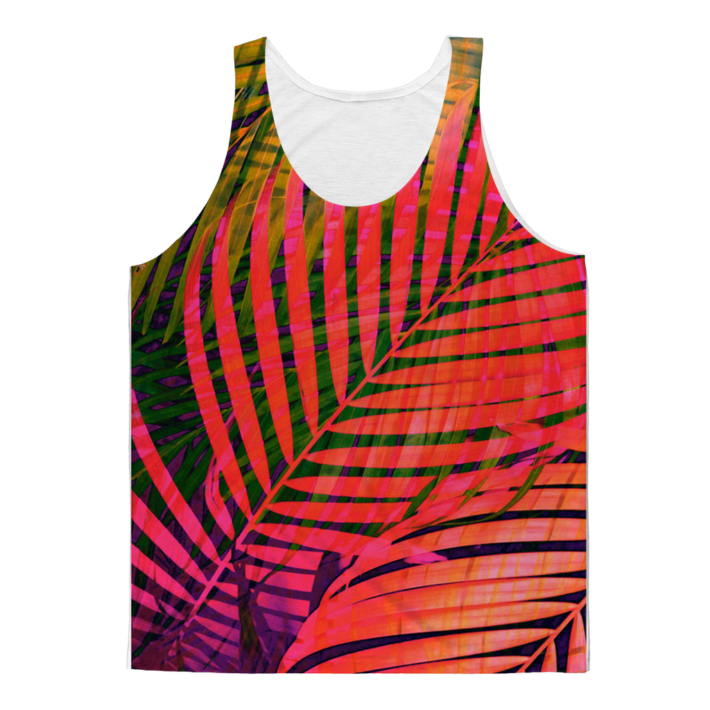 Colorful tropical leaves design on Sky Felix classic sublimation adult tank top, showcasing vibrant leaf patterns.