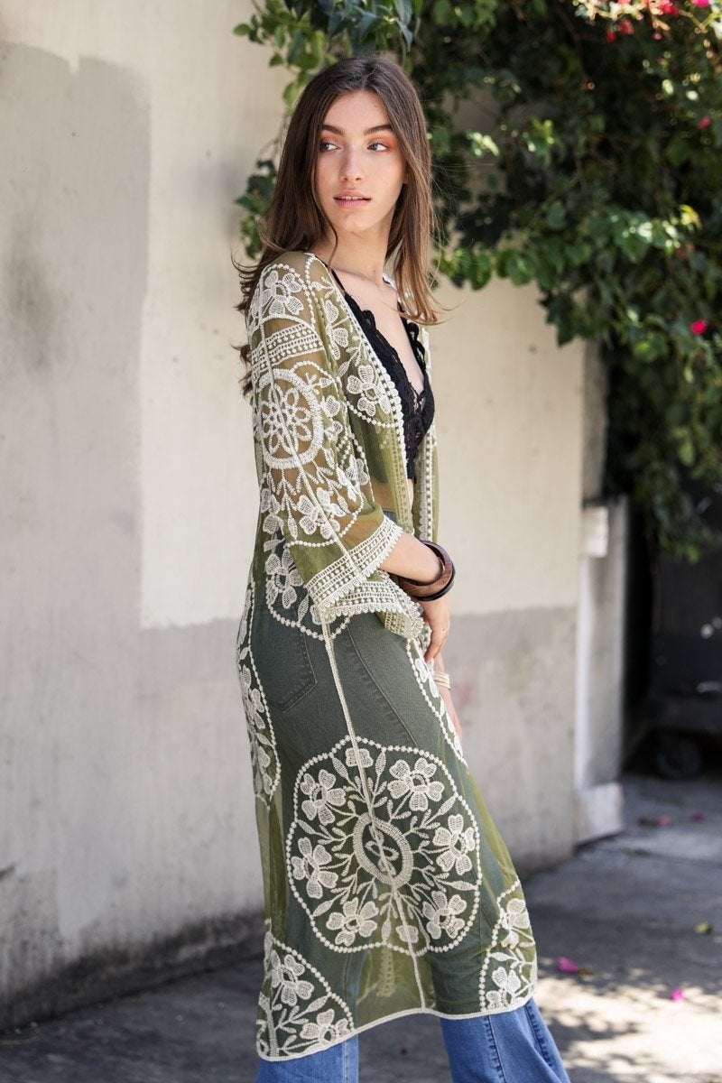 Contrast mesh cotton lace kimono accessory by Periwinkle Aether with delicate lace and lightweight mesh fabric.