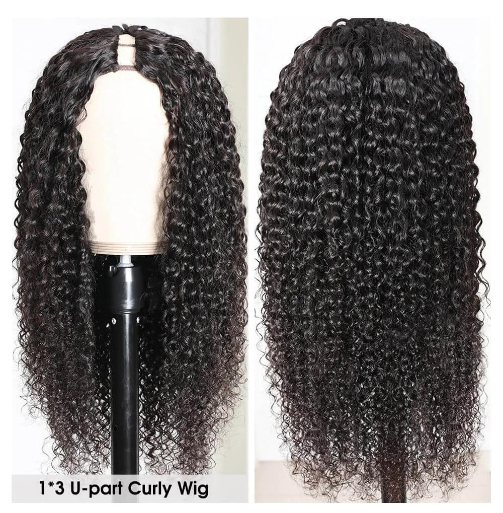 Cerise Alfie U Part wig with curly Jerry curl Brazilian Remy human hair for Black women, showcasing long, natural curls.