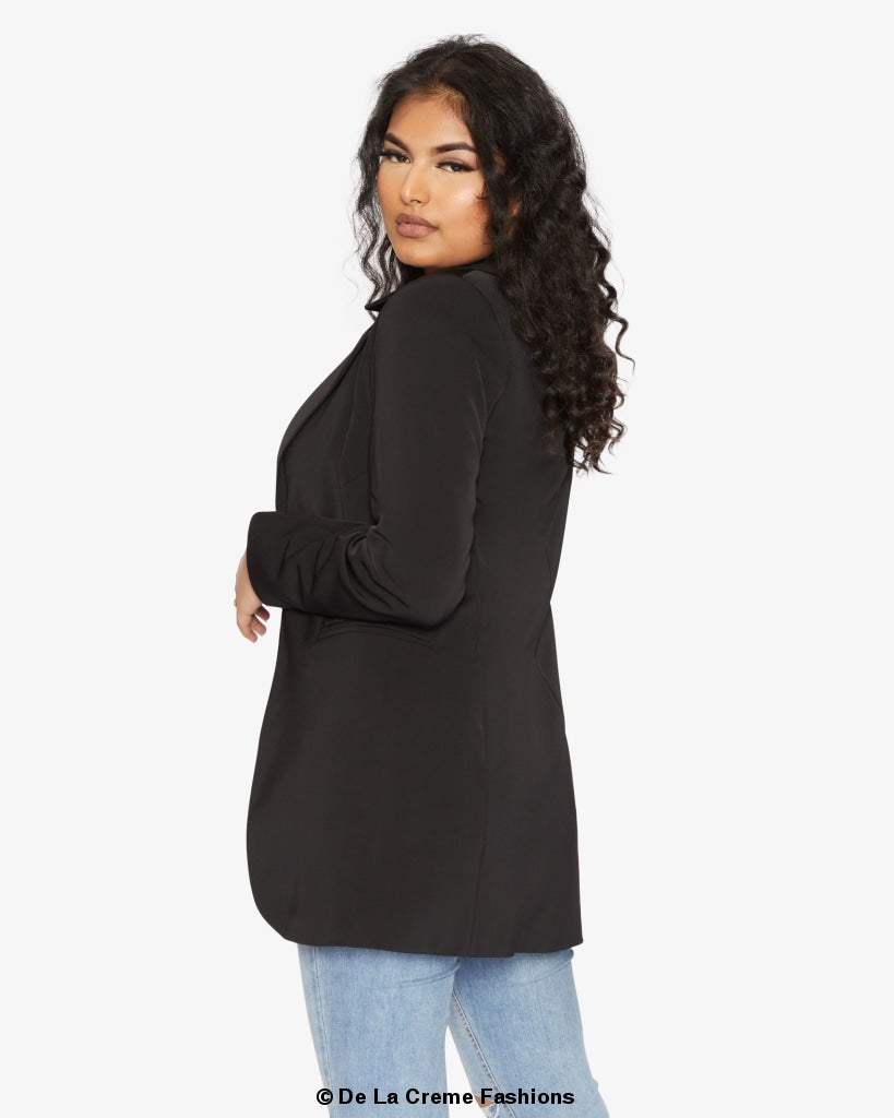 Rose Eleusis curved hem longline blazer, stylish jacket with a tailored fit and curved hem design, perfect for layered looks.
