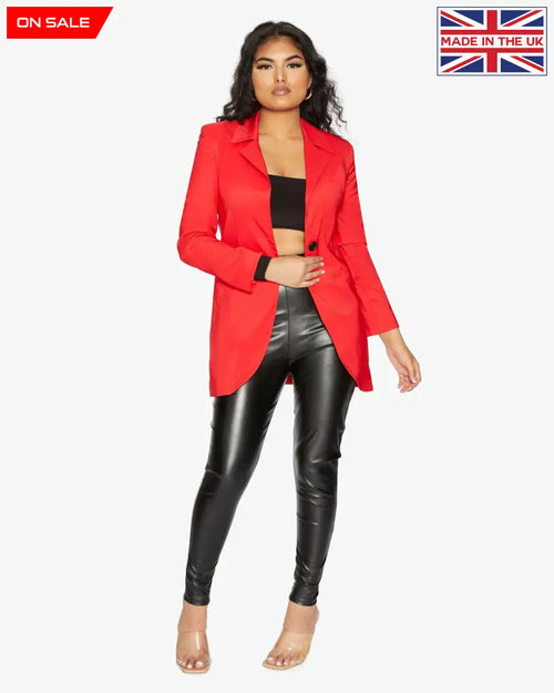 Red Rose Eleusis curved hem longline blazer, tailored jacket with a stylish curved hem, perfect for chic outerwear.