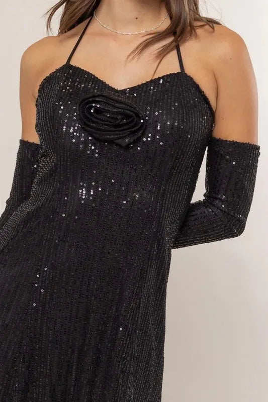 Sequin rosette halter mini dress by HYFVE in vibrant colors, featuring shimmering sequins and a stylish halter neckline.