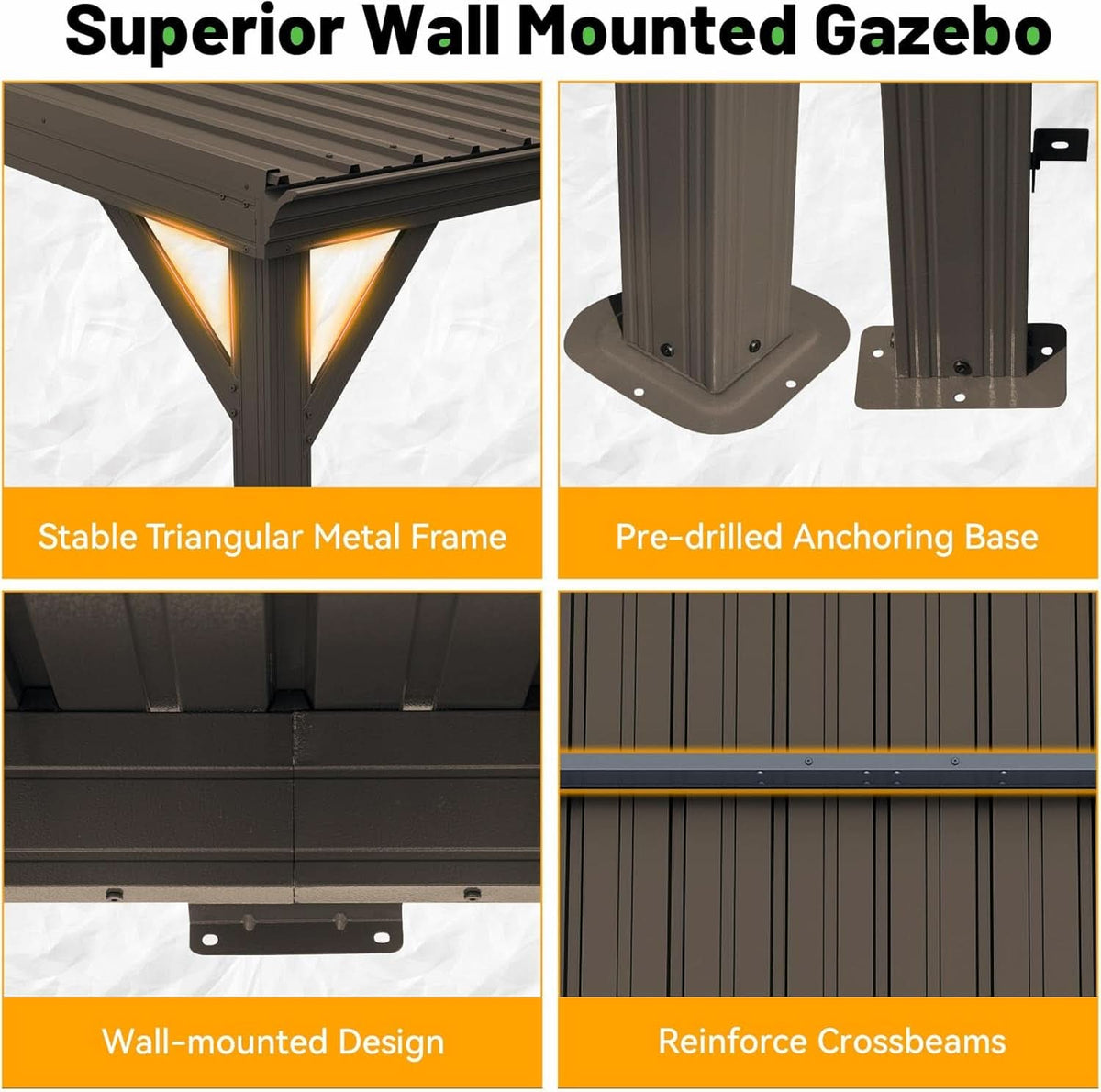 12x20 Ft Lean-To Gazebo Wall-Mounted Hardtop Brown
