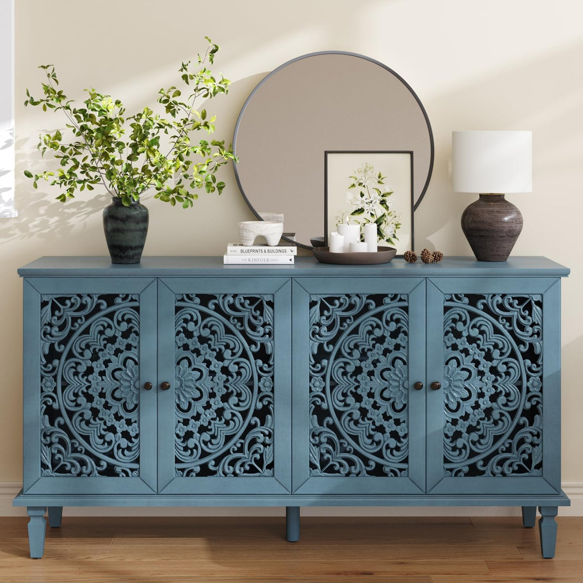 Vintage Sixty Inch Hollow Carved Console Sideboard