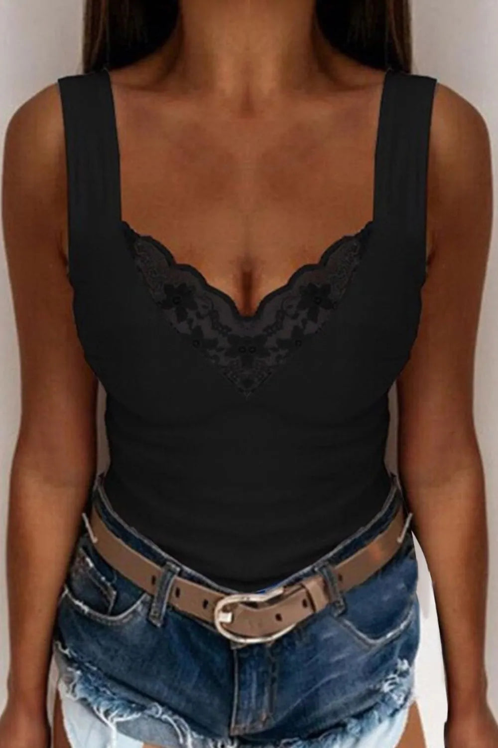 Plus size lace detail V-neck tank top from Pear Daisy, featuring a full size fit and elegant lace accents.