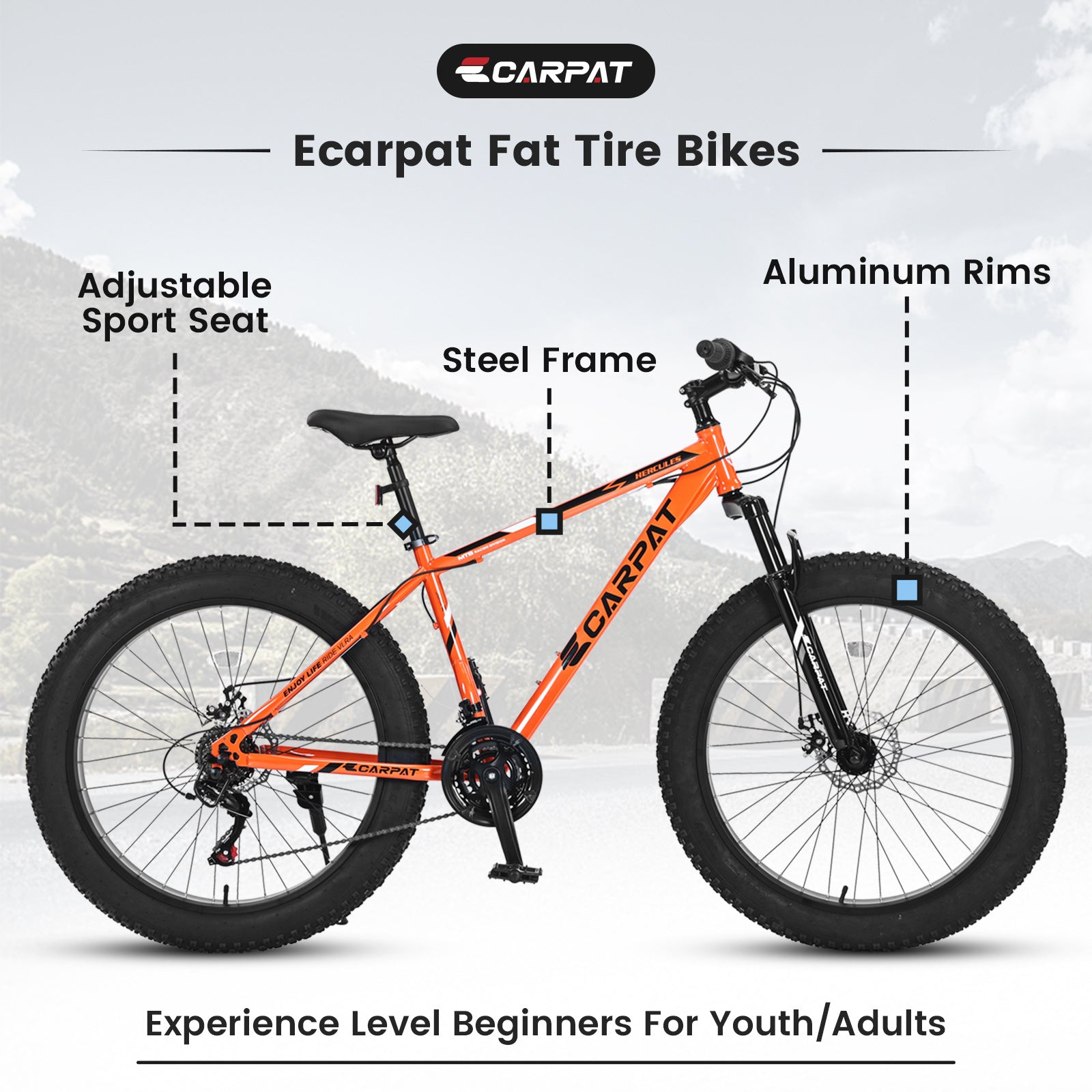Carmine Juneberry TerraForce City-Cruizer 26-inch fat tire mountain bike with 21-speed gear, ready for urban and off-road riding.