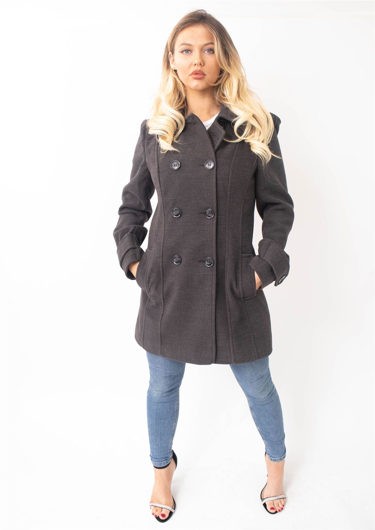 Rose Eleusis wool feel double-breasted hooded coat, shown in a stylish jacket with front buttons and a cozy hood.