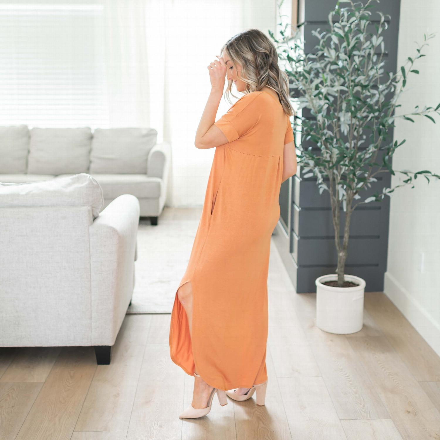 Pink Bearberry viscose maxi dress with side slit, V-neck, short sleeves, perfect for women&