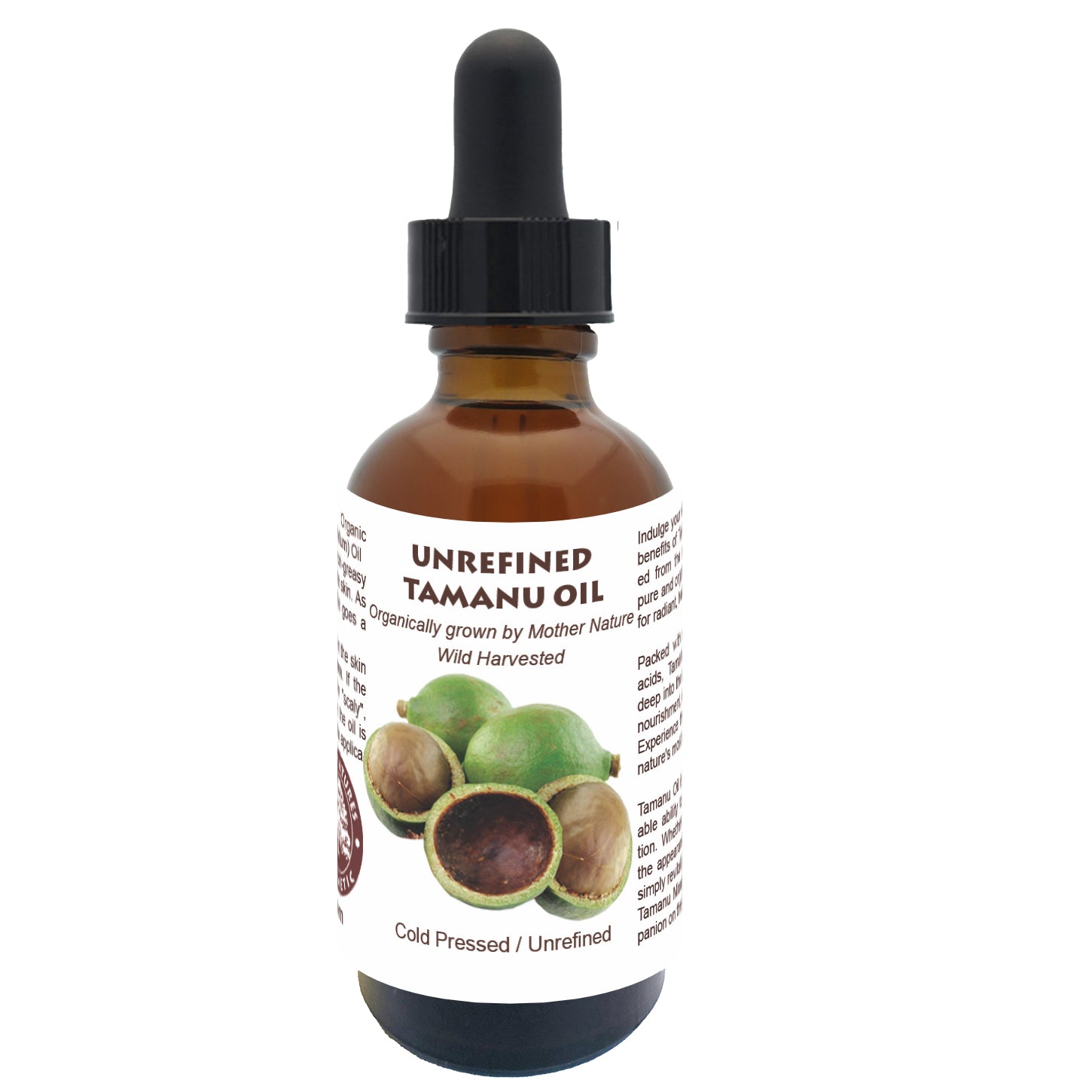 Organic yellow Poppy Tamanu Oil bottle, cold pressed and unrefined, for skincare, with a clear label and amber color in the image.