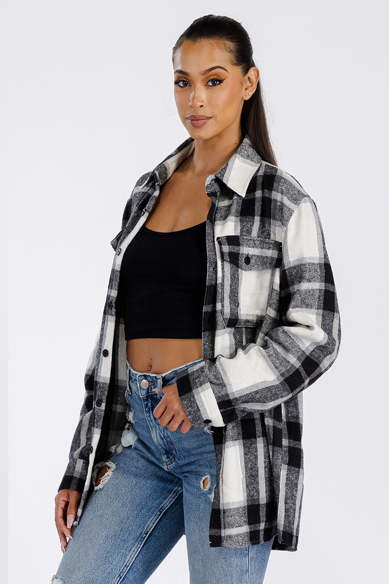 Lime Milo Boyfriend oversized soft flannel shacket in neutral tones, featuring a button-front and relaxed fit, perfect for casual wear.
