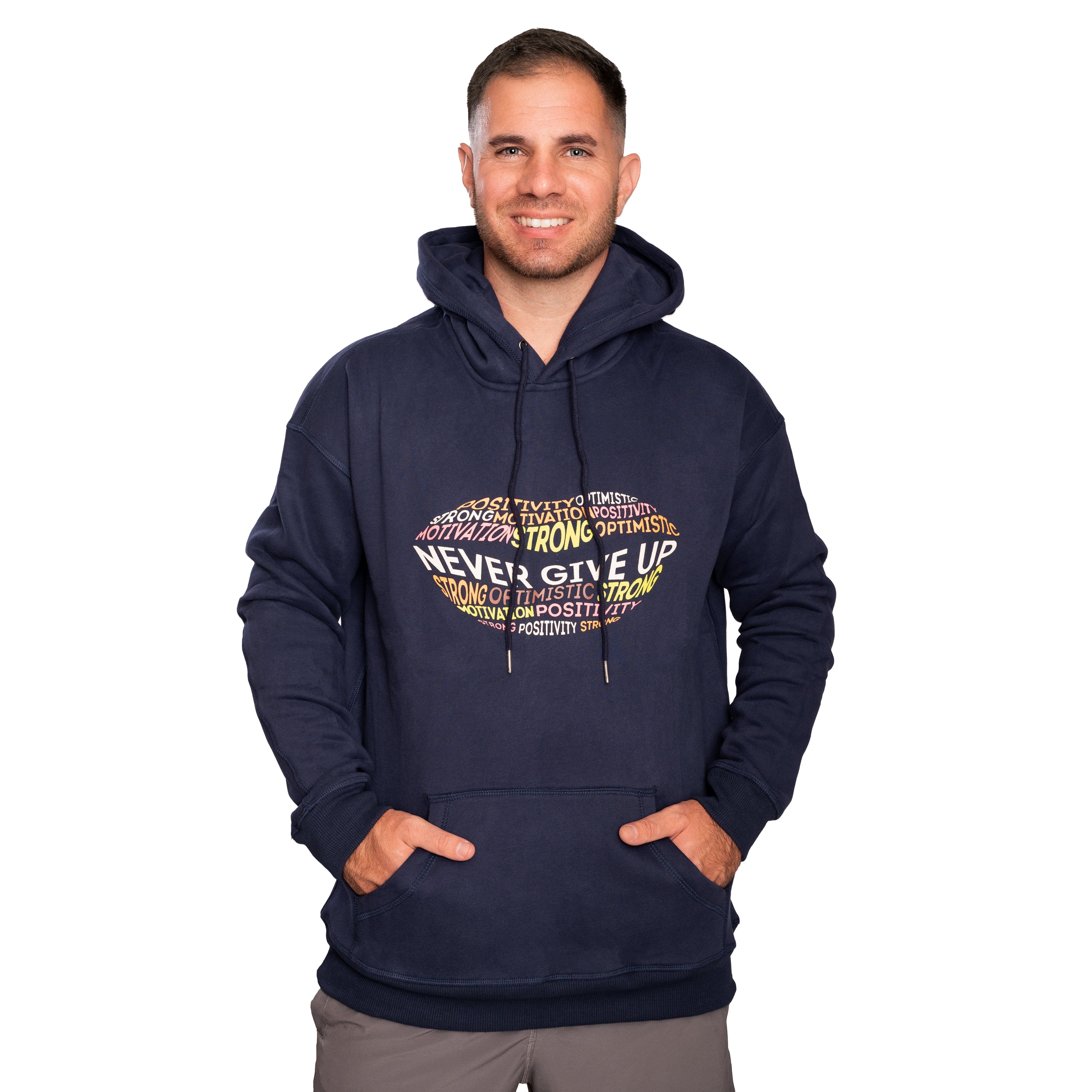 Orange Ash motivational hoodie with "Never Give Up" slogan, casual sweatshirt with a comfortable fit and inspiring message.