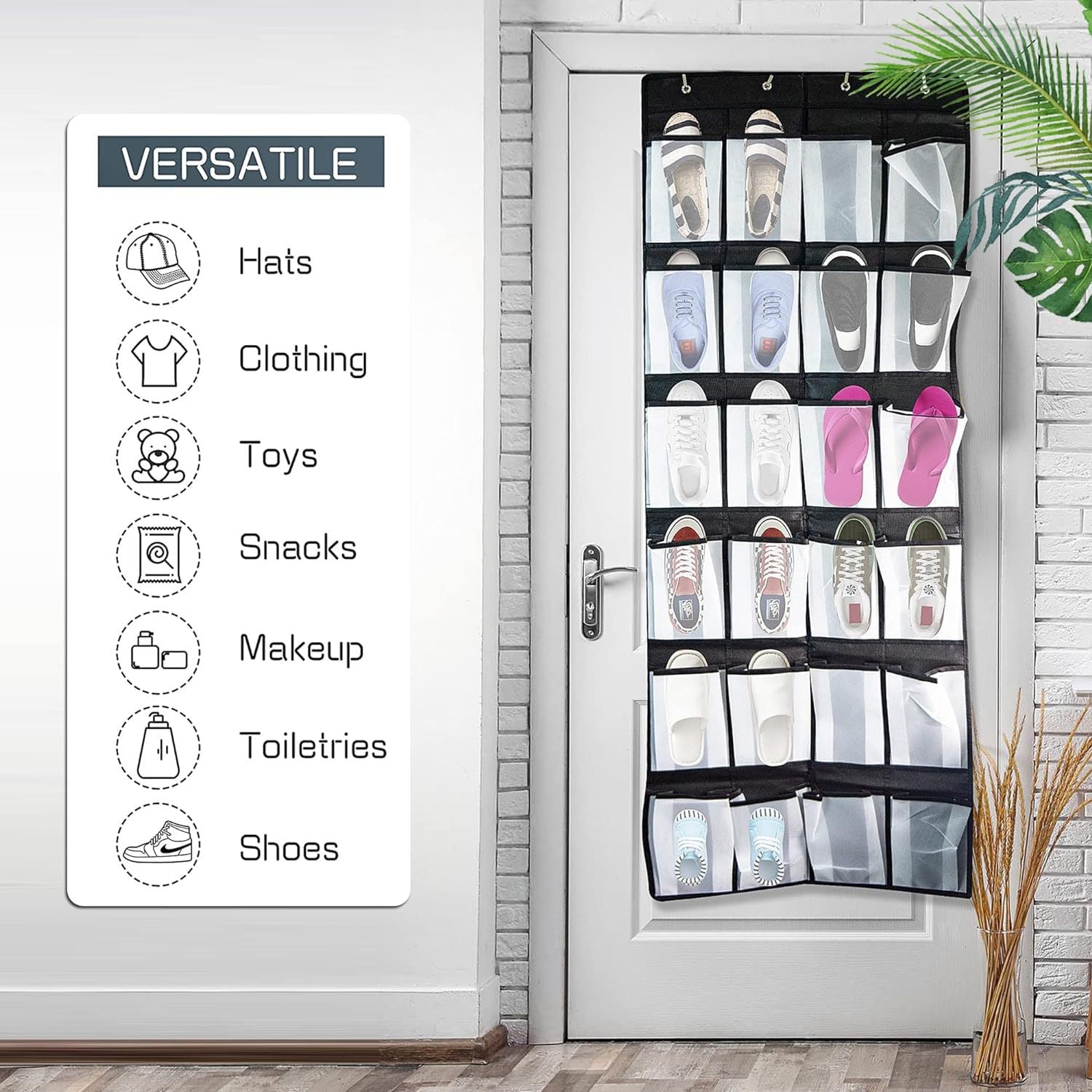 Turquoise Pandion over door shoe storage organizer with 24 clear fabric pockets hanging on a door for closet organization.