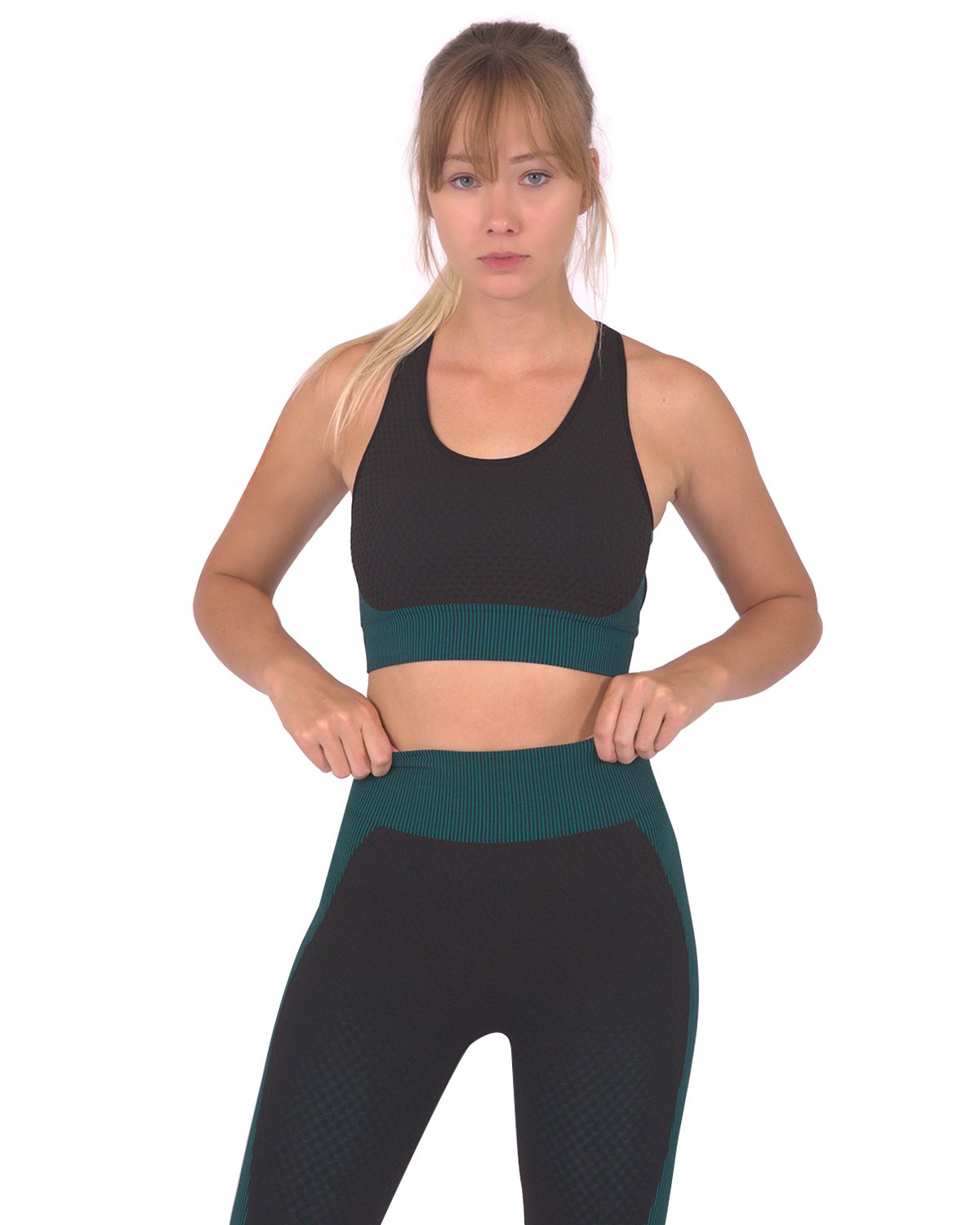 Lazurite Trois Seamless Sports Bra in black with blue accents, showcasing its sleek, supportive activewear design for workouts.