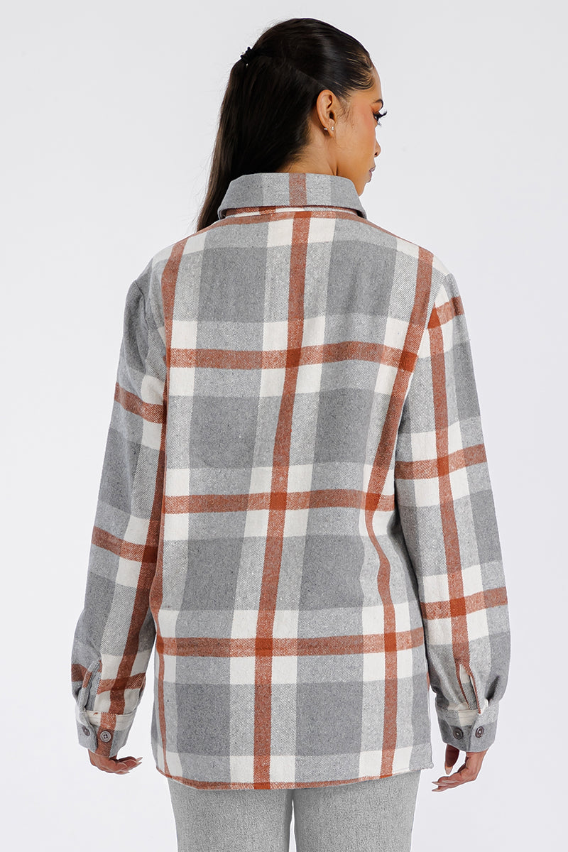 Lime Milo Boyfriend oversized soft flannel shacket in neutral tones, featuring a relaxed fit with button closure and chest pockets.