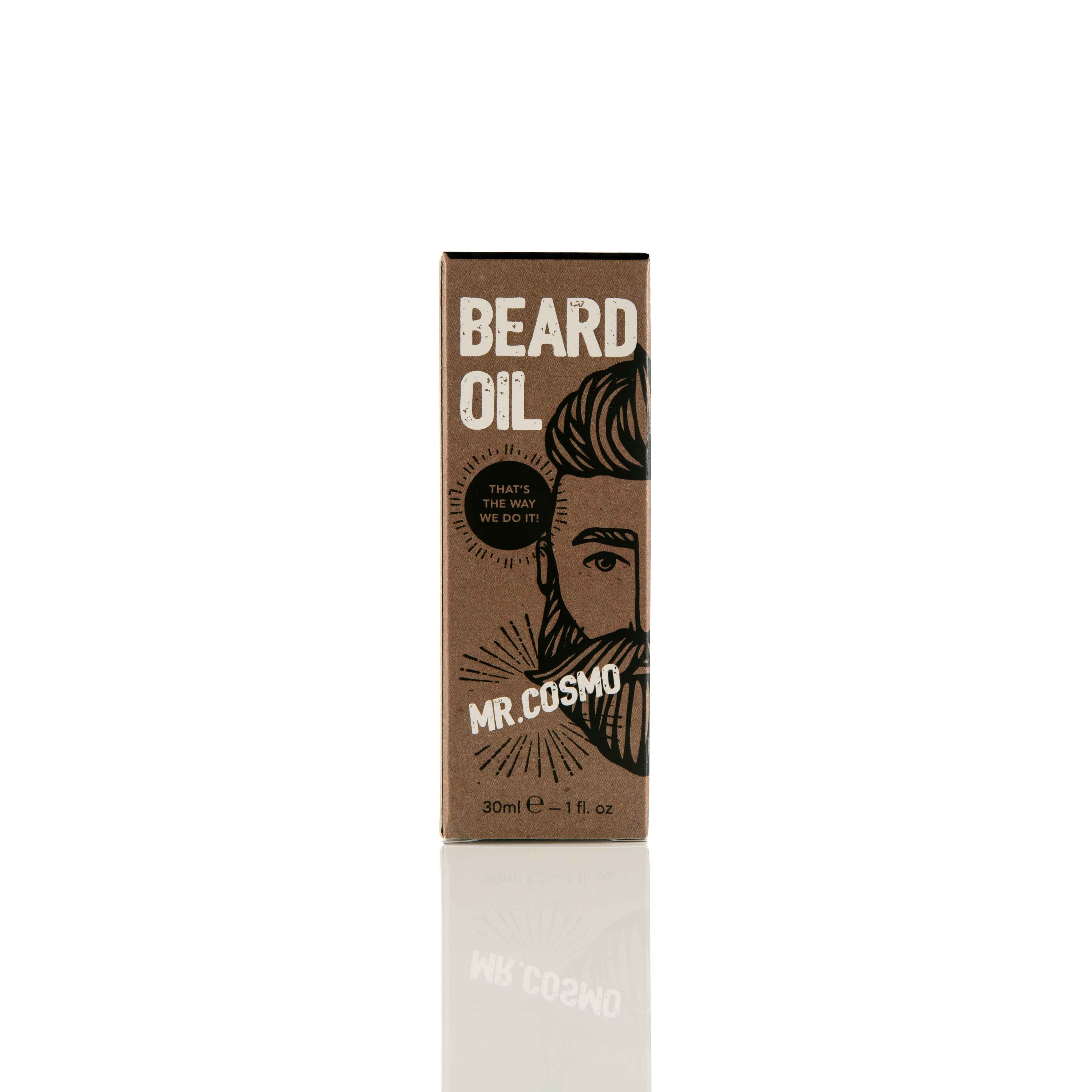 Taupe Perses Mr. Cosmo Beard Oil in a 30ml bottle, featuring a sleek design and applicator for nourishing beard hair and skin care.