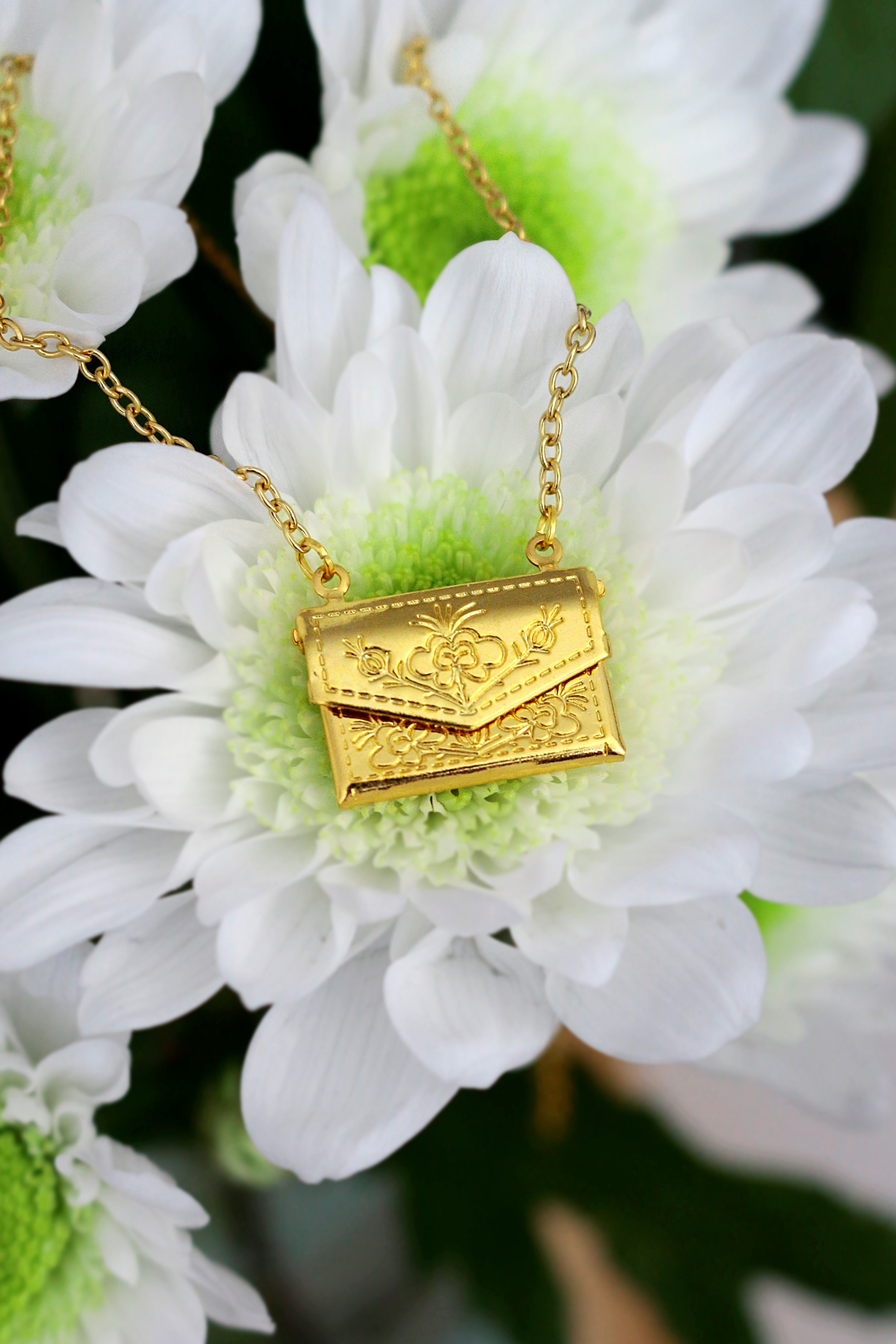 Ultramarine Birch 24 Karats Daisy Envelope Locket Necklace featuring a gold-toned floral envelope pendant on a delicate chain.