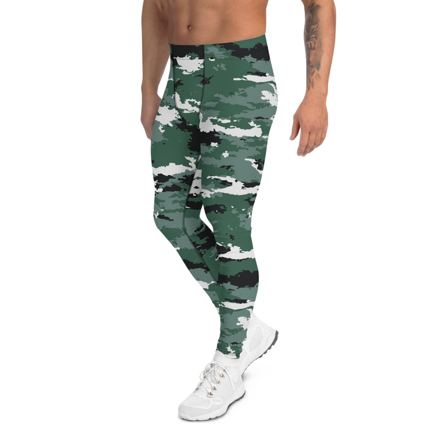 Maroon Sooty Earth Green Camo activewear leggings for men, featuring a camo pattern and comfortable fit for workouts.