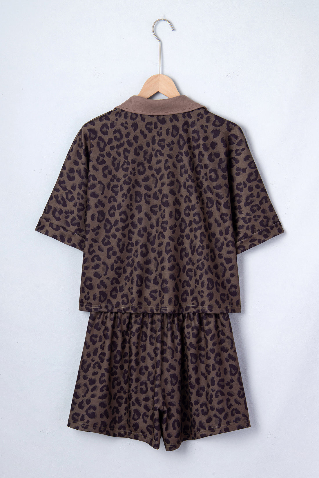 Byzantium Bay leopard print collared V-neck top and matching shorts set, stylish and comfortable summer outfit.