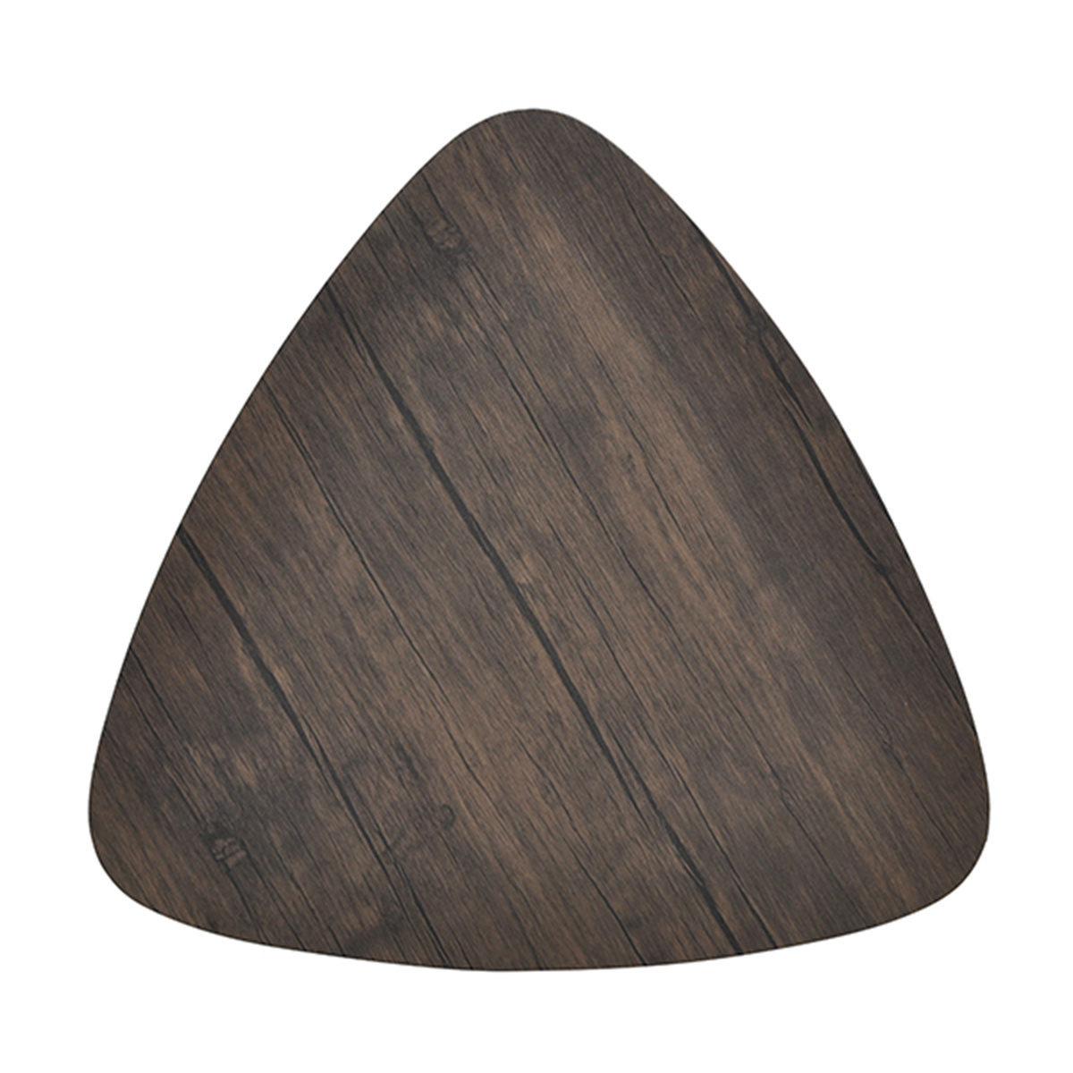 Set of three Lilac Milo nesting triangle end coffee tables with sleek wood finish and modern design.