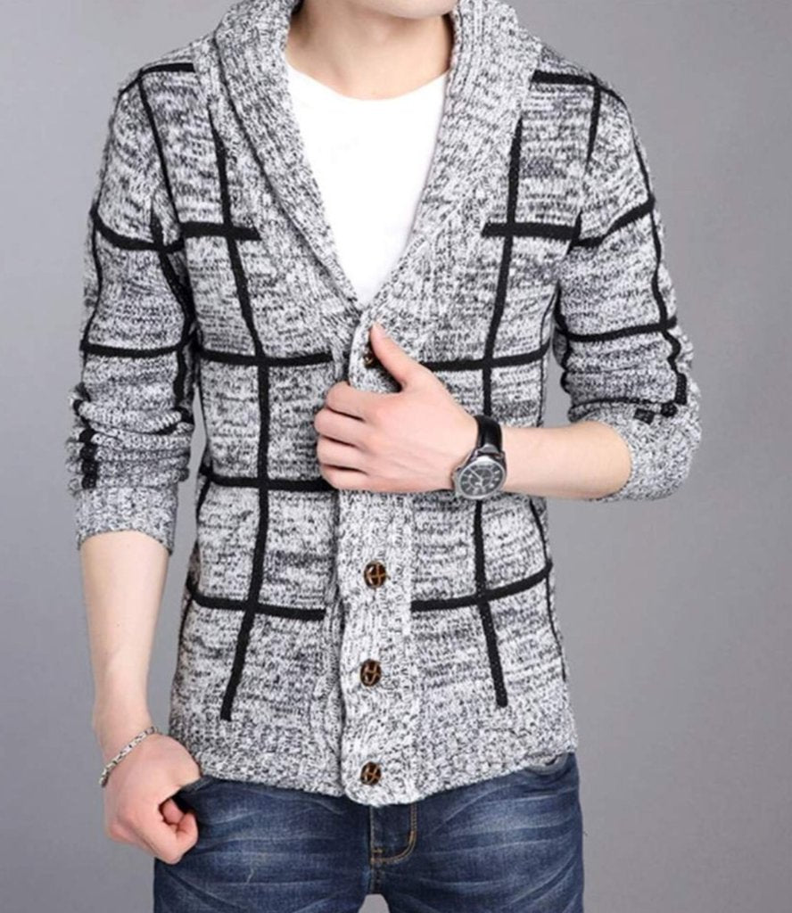 Mens gray shawl collar cardigan from Yellow Pandora, a cozy sweater with a relaxed fit and button front, suitable for casual wear.