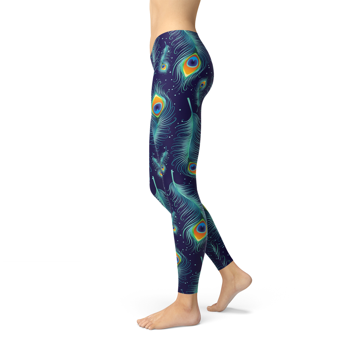 Maroon Sooty Blue Peacock Feathers leggings showcasing vibrant feather pattern and fitted stretch design.