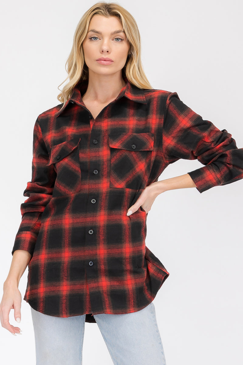Lime Milo oversized boyfriend plaid checkered flannel top in blue and red, casual and comfortable for everyday wear.