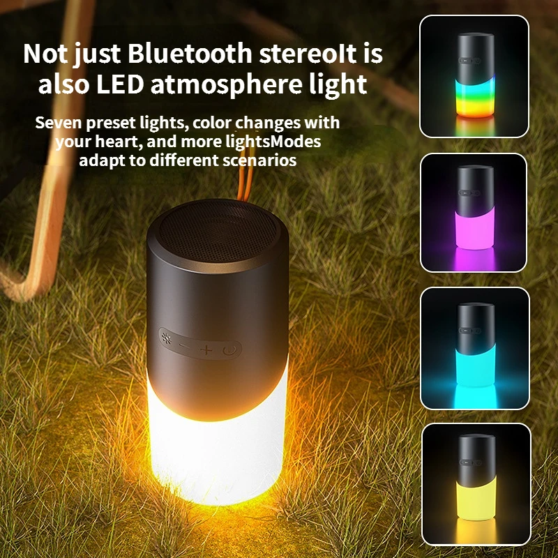 Lilac Milo waterproof portable wireless Bluetooth speaker with RGB light, showing a sleek black design and colorful light effects.