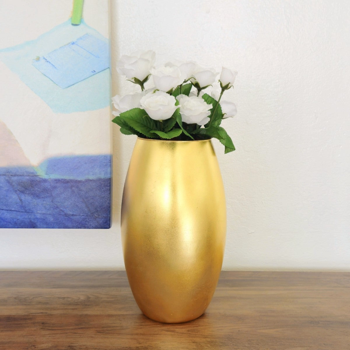 White Zeus Amaryllis 12-inch gold gilded glass bullet vase for elegant home decor display.