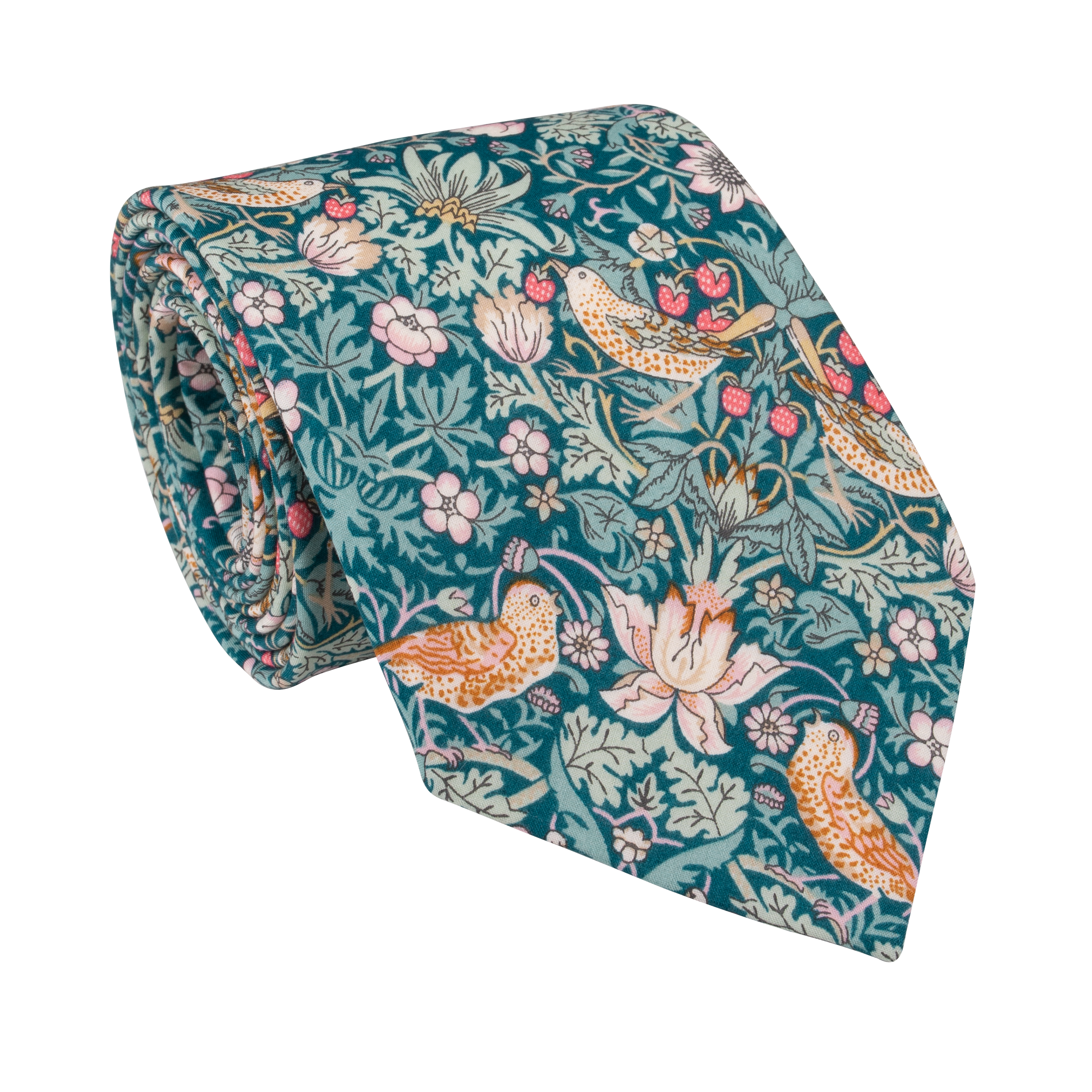 Black Huckleberry Emerald Strawberry Thief Liberty tie accessory featuring a vibrant, detailed floral and fruit pattern on silk fabric.