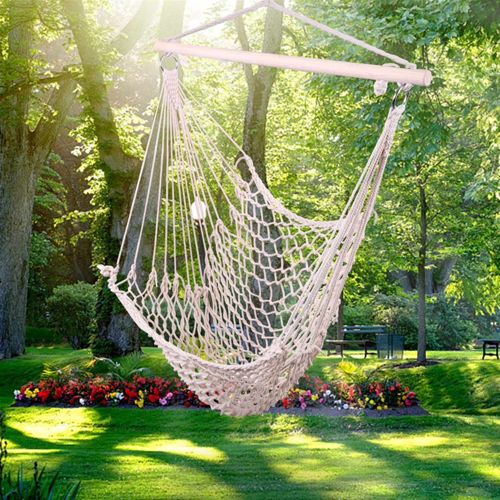 Lilac Milo hanging rope air chair swing for home and garden, featuring a cozy sky-blue fabric seat with sturdy ropes and wooden support.