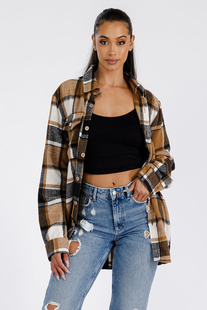 Lime Milo Boyfriend Oversized Soft Flannel Shacket in a cozy, plaid pattern, perfect for casual layering.