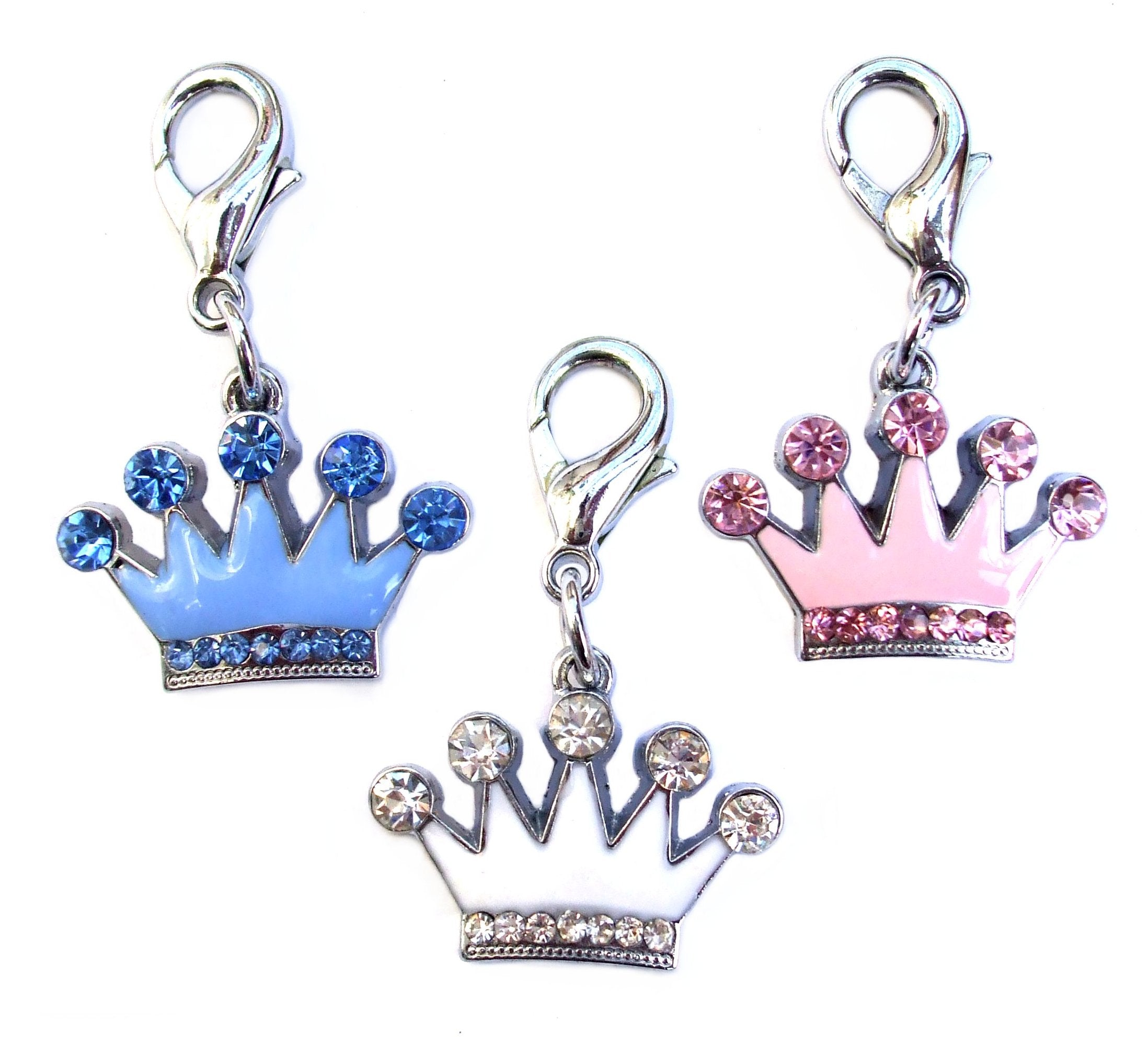 Salmon Oscar Crown Crystal and Enamel Pet Charm on a collar, featuring a decorative crown design for dogs and cats.