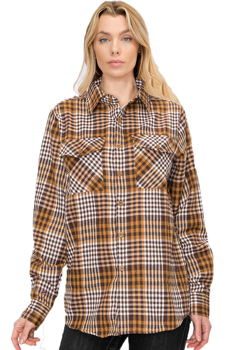 Lime Milo oversized boyfriend plaid checkered flannel top, casual blouse with button-up front and relaxed fit.