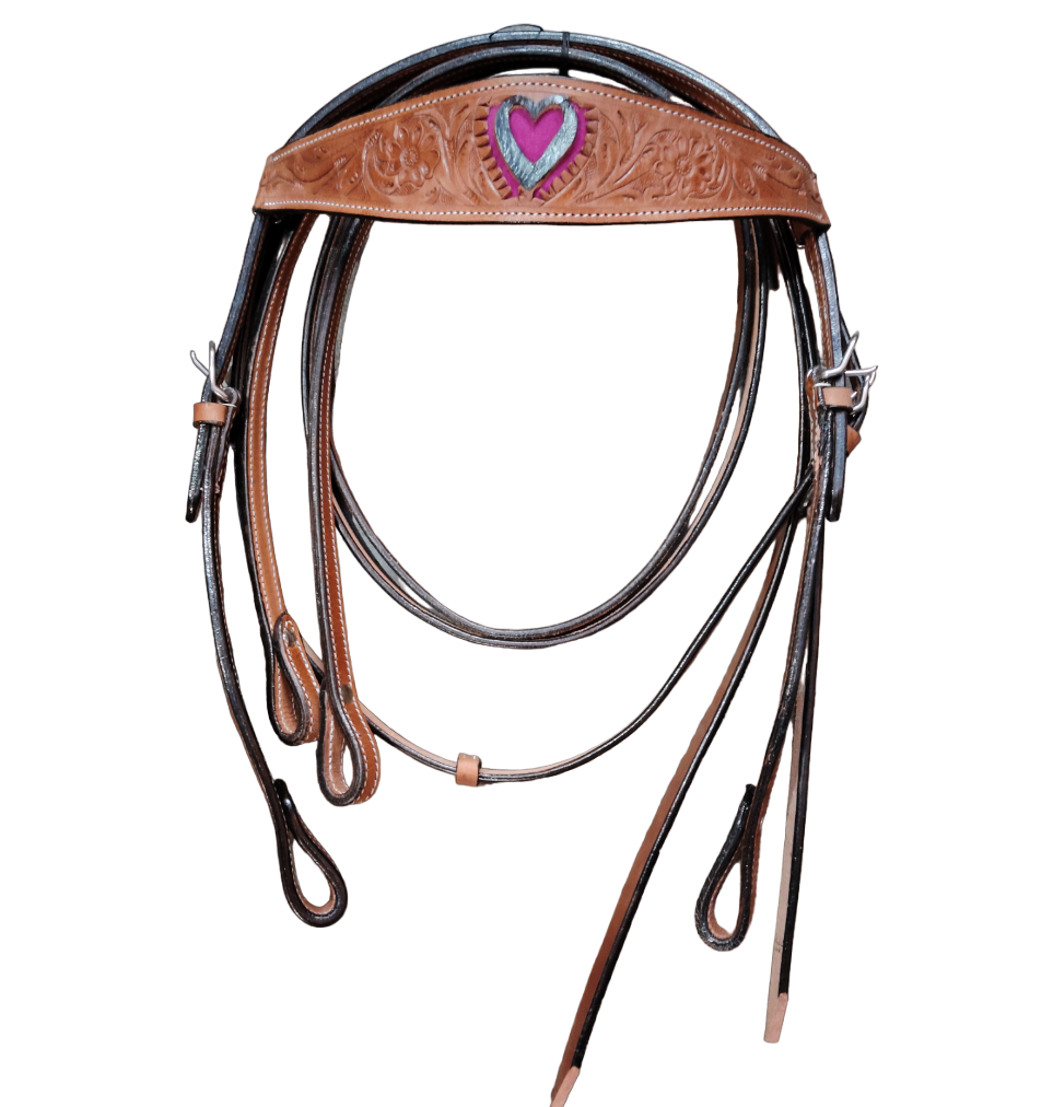 Full-size Mauve Aura Western natural leather headstall and breast collar set with silver hardware, suited for horse riding and outdoor sports.