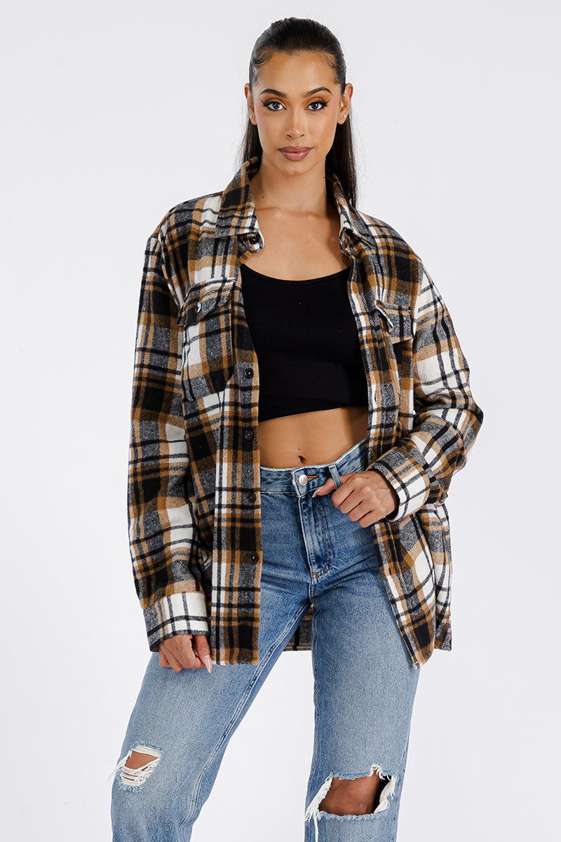 Lime Milo Boyfriend Oversized Soft Flannel Shacket jacket in cozy beige with front pockets and button closure, casual and stylish.