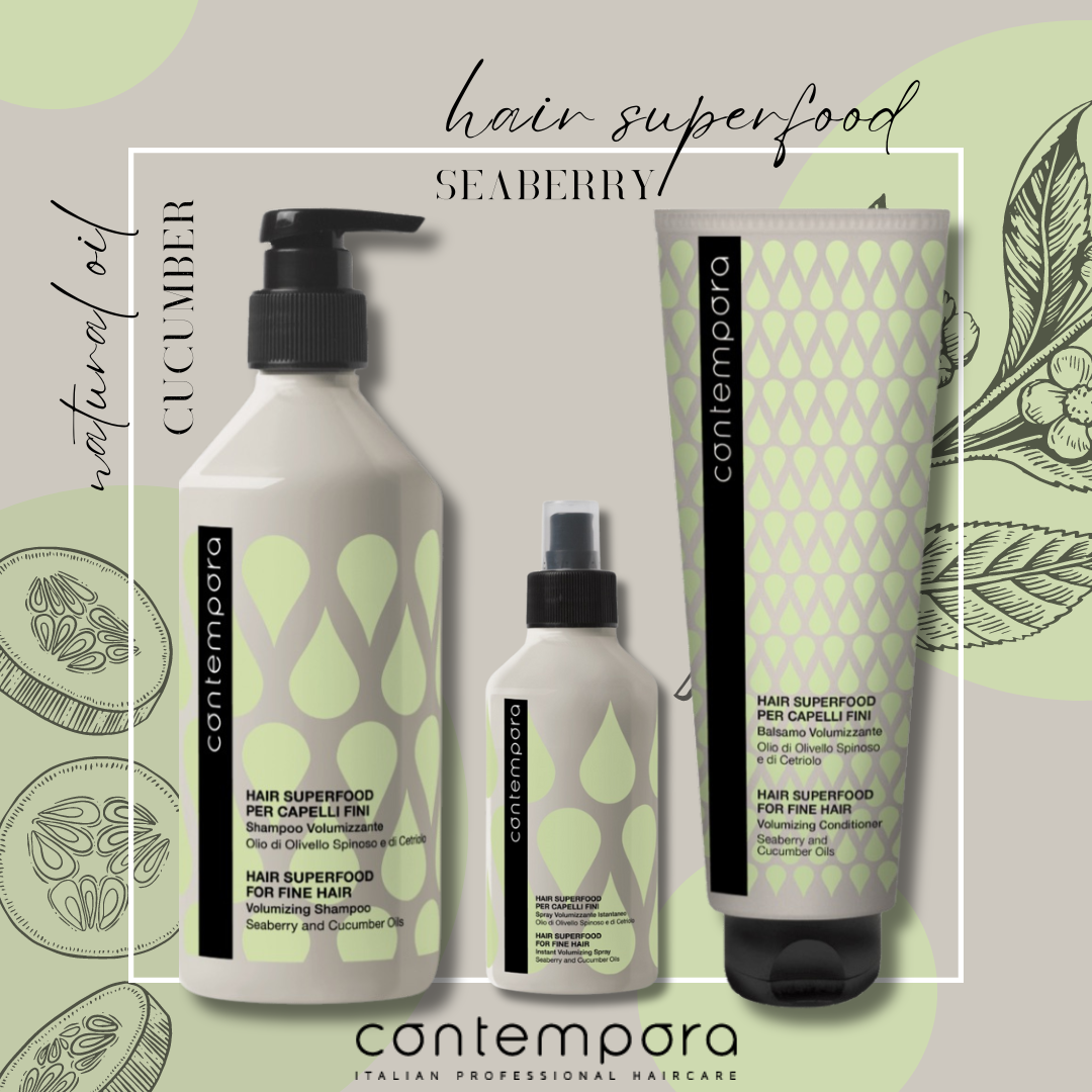 Pink Misty Contempora Volumizing Shampoo for fine hair, clear bottle with pink and white label, showing lathered hair.