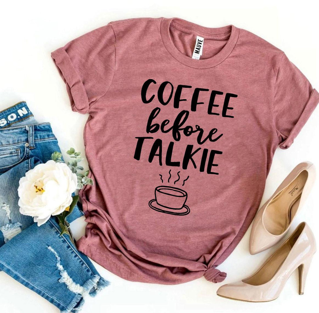 Agate Coffee Before Talkie T-shirt showing the graphic print on a casual cotton T-shirt, front view.