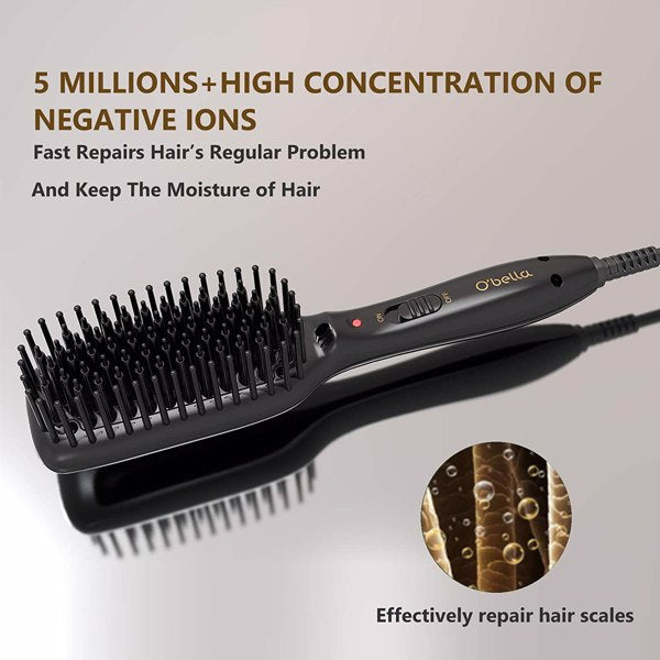 Teal Simba electric hair straightener brush, hot comb styler for smooth, sleek hair, shown on a model&