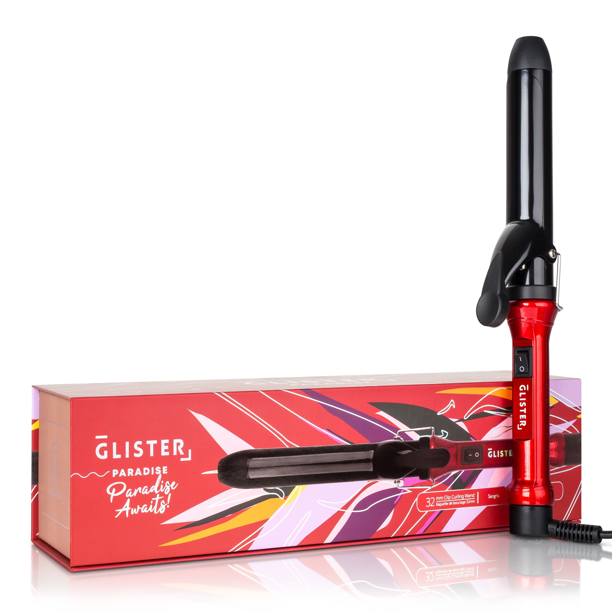 Sky Blue Thrace Paradise 32mm Max Volume Clip Curler in Sangria with a ceramic barrel and clip for easy curling.