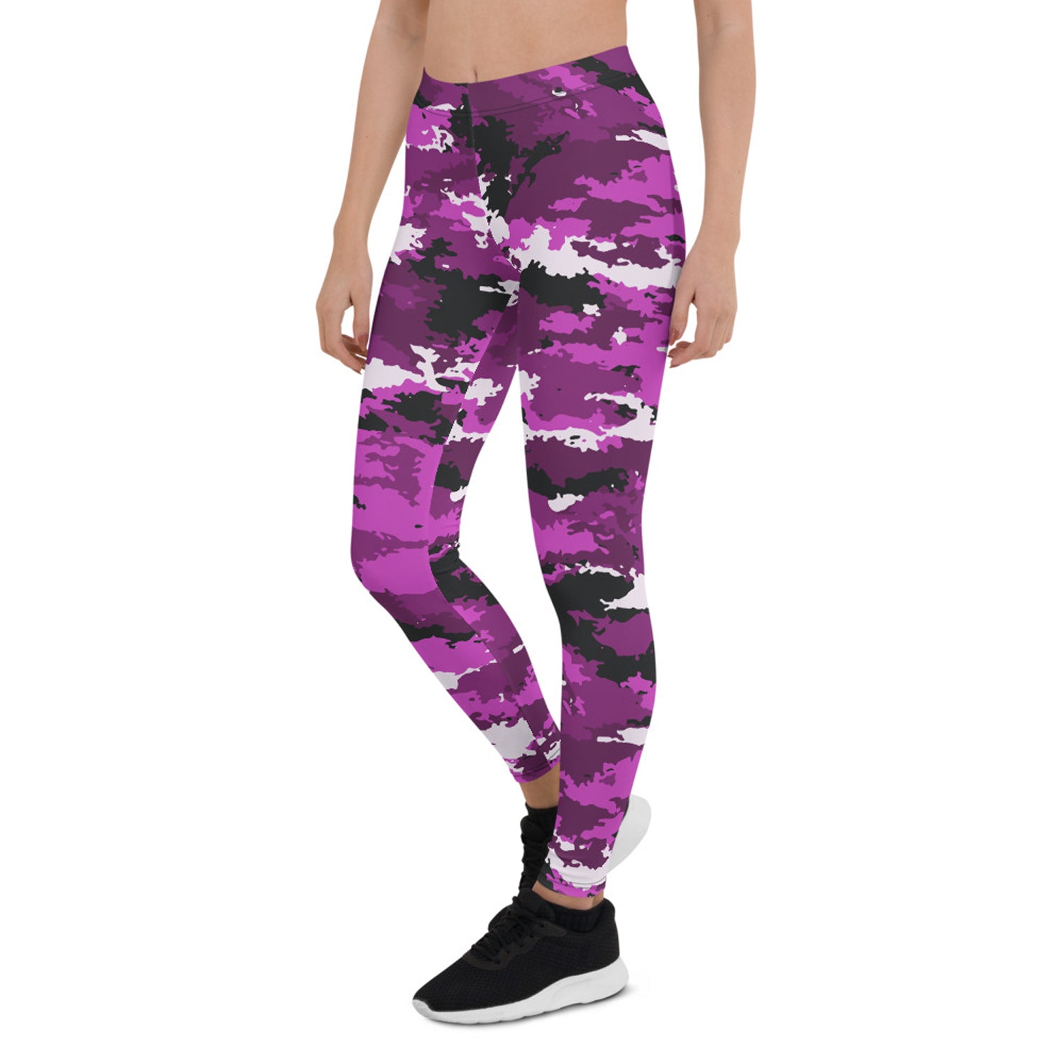 Pink and purple camo activewear leggings for women by Maroon Sooty, featuring a vibrant camouflage pattern and comfortable fit.