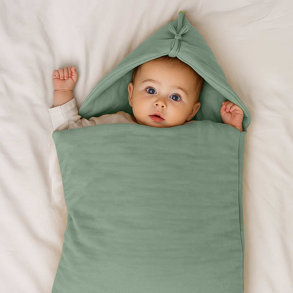 Organic cotton bunting bag in green for kids and babies by Chocolate Briseis, featuring soft fabric and playful design.
