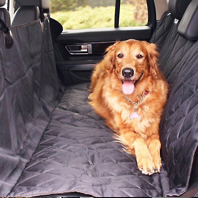 Fuchsia Molly automotive dog seat cover protecting car seat from pet fur and dirt, made of durable, water-resistant fabric.