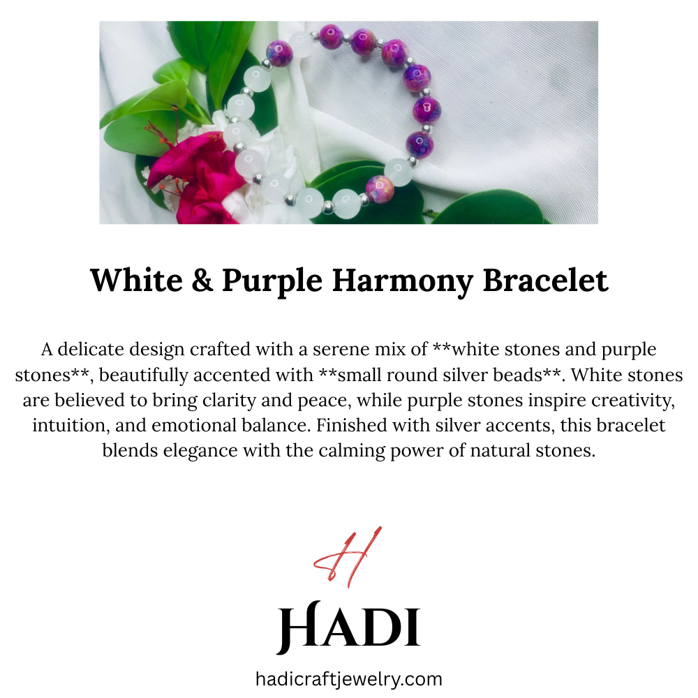 White and purple stone stretch bracelet with silver spacers by Tan Saffron, featuring polished round stones and sleek silver accents.