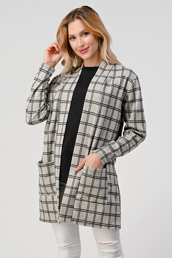 Burgundy Daisy plaid cardigan with long sleeves and front pockets, cozy jackets and coats for casual wear