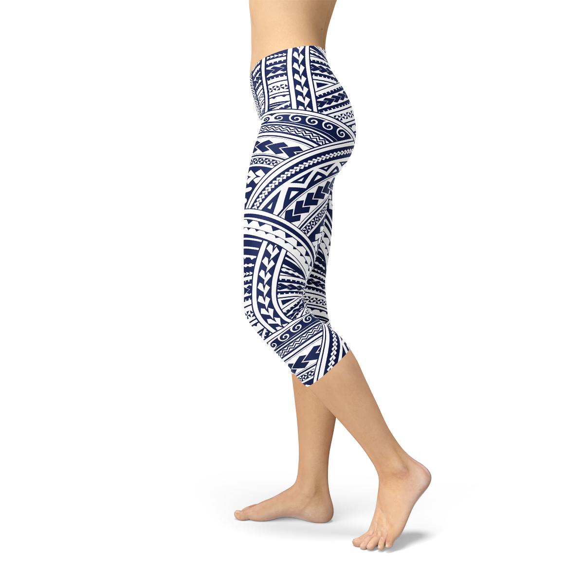 Maroon Sooty Polynesian Maori tattoo design Capri leggings with intricate black tribal patterns on soft fabric