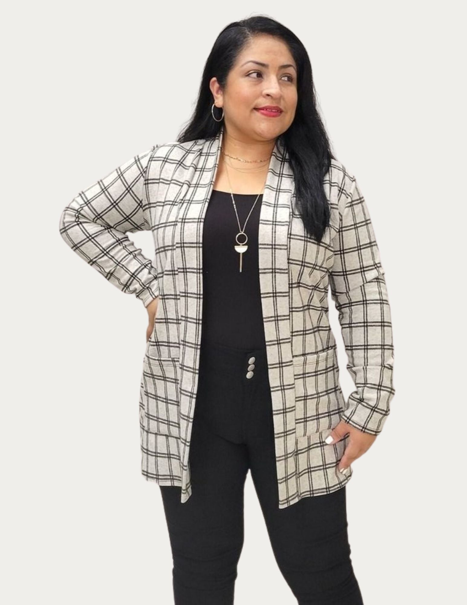 Burgundy Daisy plaid cardigan with long sleeves and front pockets, stylish jackets and coats for casual wear