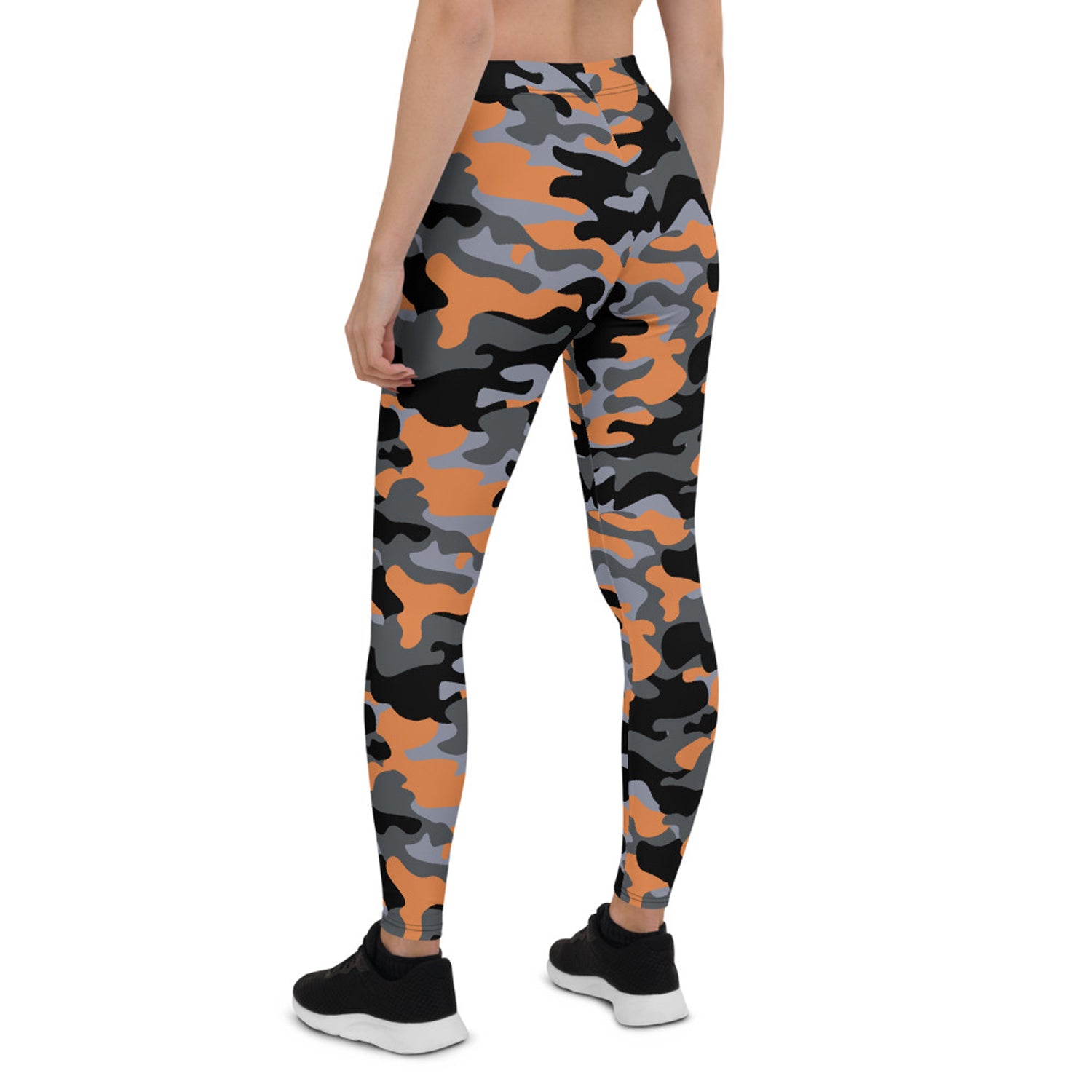Orange and gray camo leggings for women, activewear by Maroon Sooty featuring a stylish camouflage pattern and comfortable fit.